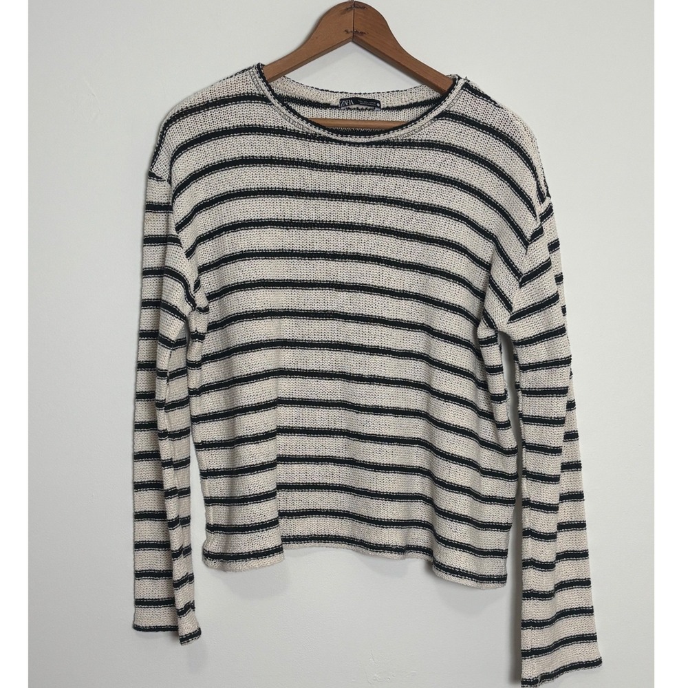 Zara Womens Sweater L Preppy Nautical Coastal Boxy Striped Cream Black Open Knit